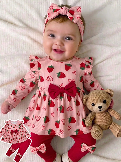 Babygirl Cute Casual Knitted Strawberry Pattern Bow Top & Elastic Waist Long Pants Set