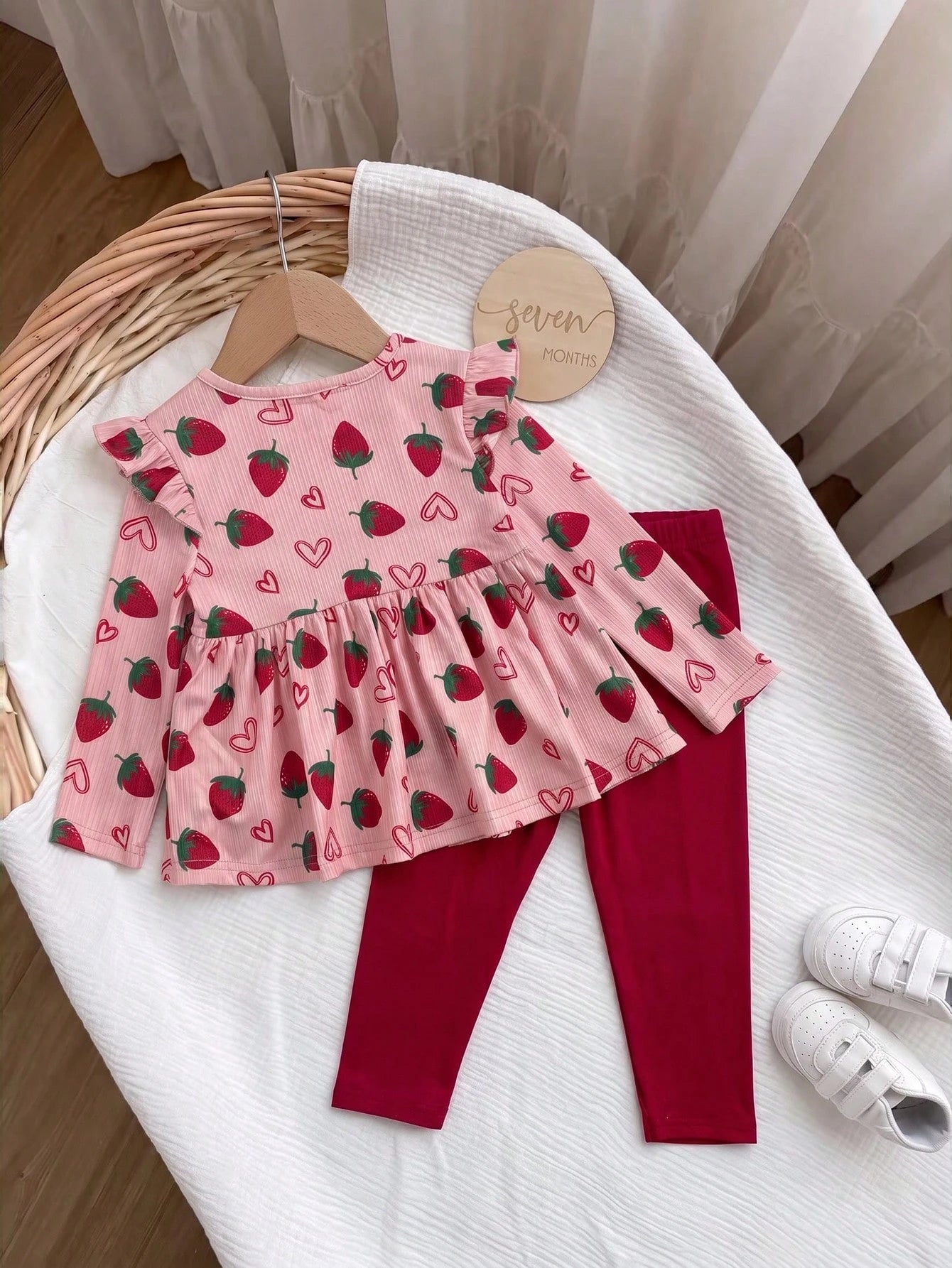 Babygirl Cute Casual Knitted Strawberry Pattern Bow Top & Elastic Waist Long Pants Set