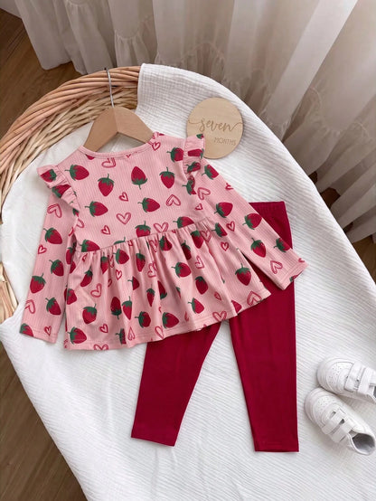 Babygirl Cute Casual Knitted Strawberry Pattern Bow Top & Elastic Waist Long Pants Set