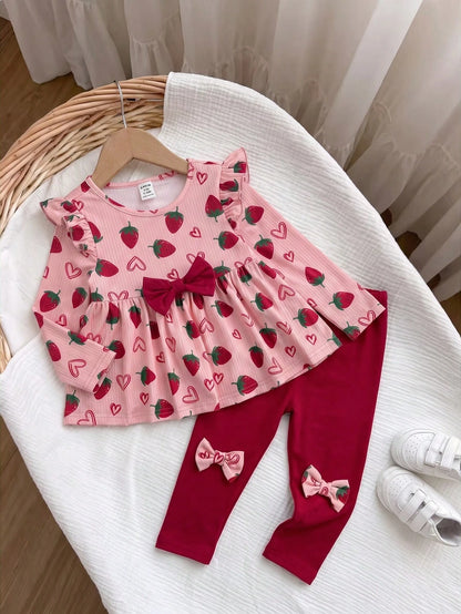 Babygirl Cute Casual Knitted Strawberry Pattern Bow Top & Elastic Waist Long Pants Set