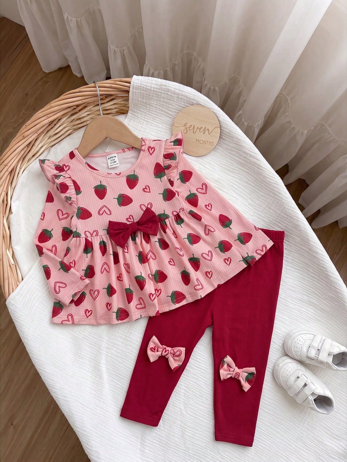 Babygirl Cute Casual Knitted Strawberry Pattern Bow Top & Elastic Waist Long Pants Set
