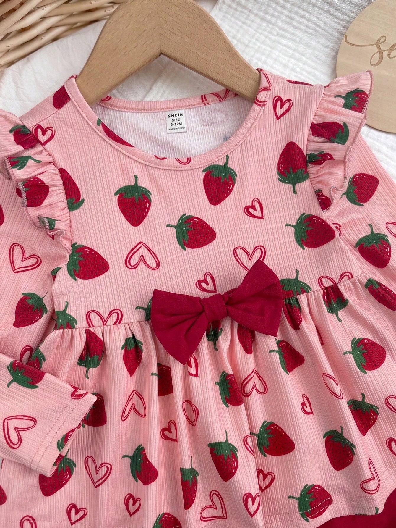 Babygirl Cute Casual Knitted Strawberry Pattern Bow Top & Elastic Waist Long Pants Set