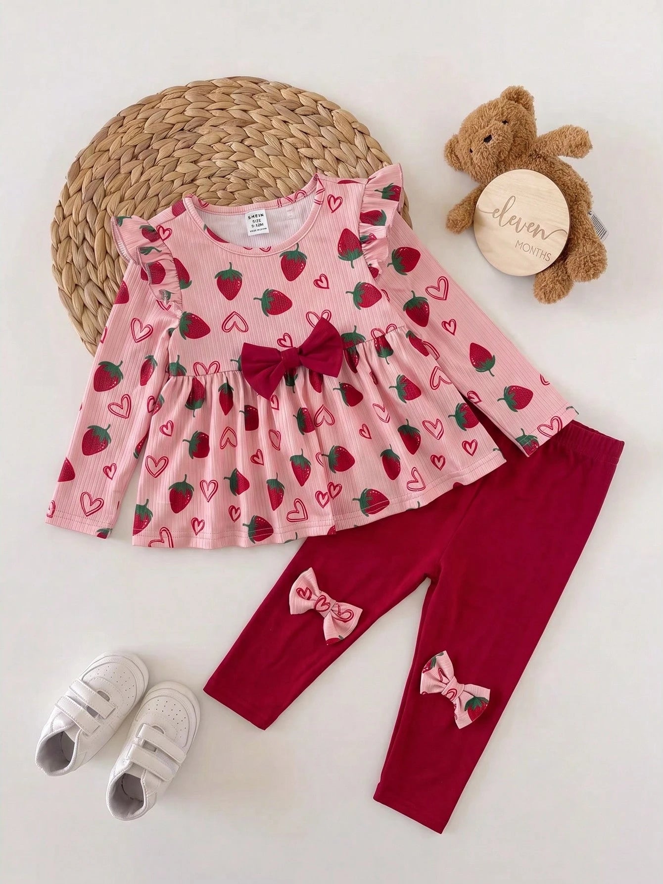 Babygirl Cute Casual Knitted Strawberry Pattern Bow Top & Elastic Waist Long Pants Set