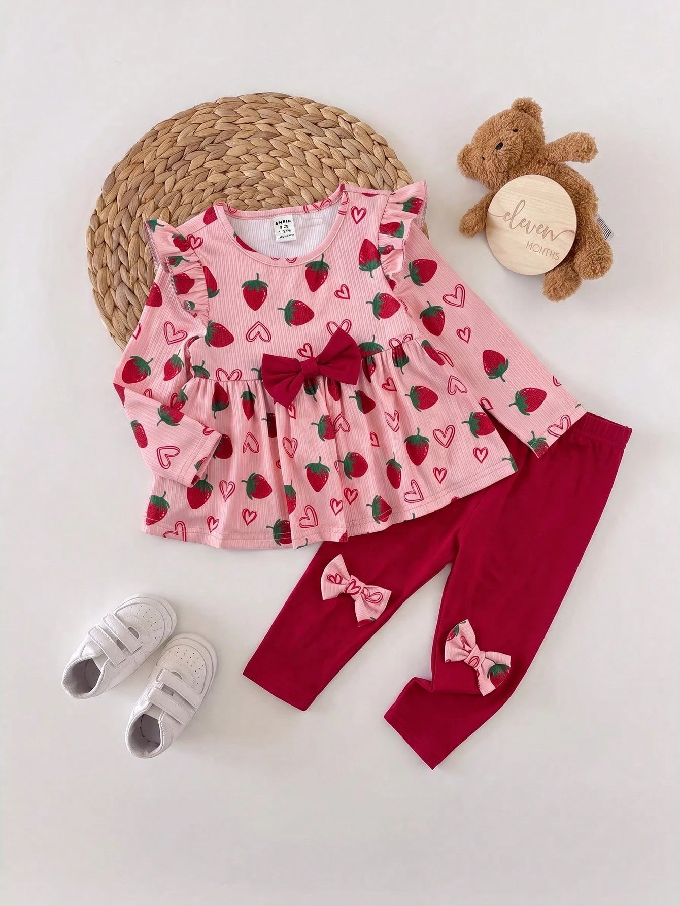 Babygirl Cute Casual Knitted Strawberry Pattern Bow Top & Elastic Waist Long Pants Set