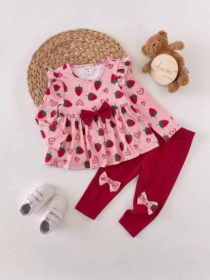 Babygirl Cute Casual Knitted Strawberry Pattern Bow Top & Elastic Waist Long Pants Set
