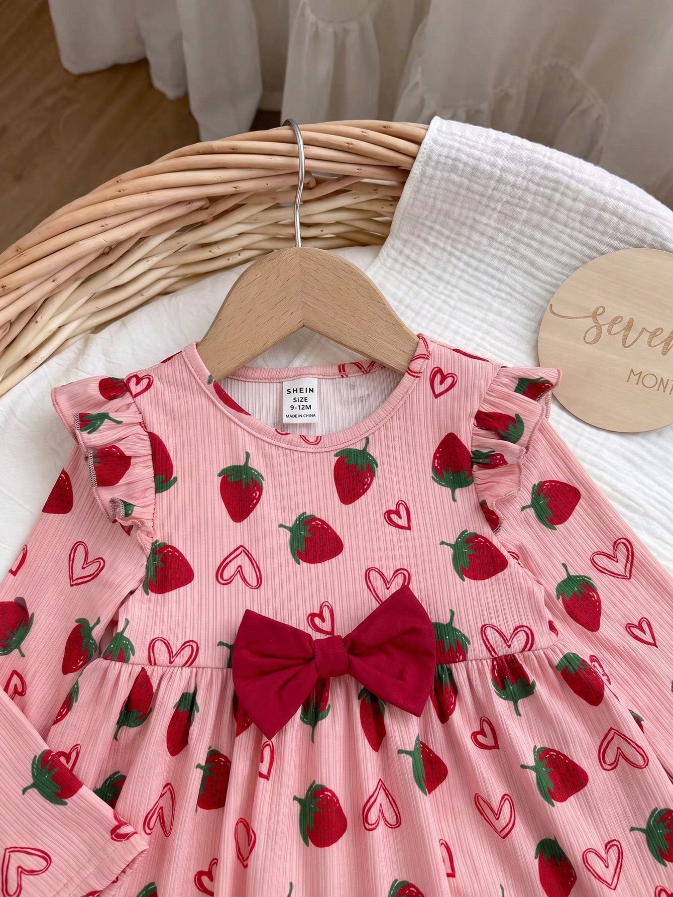 Babygirl Cute Casual Knitted Strawberry Pattern Bow Top & Elastic Waist Long Pants Set