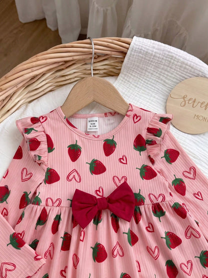 Babygirl Cute Casual Knitted Strawberry Pattern Bow Top & Elastic Waist Long Pants Set