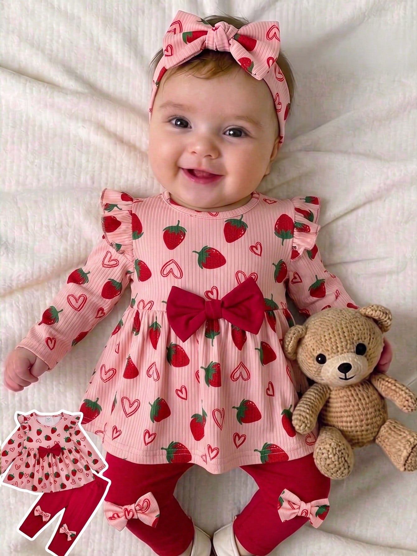Babygirl Cute Casual Knitted Strawberry Pattern Bow Top & Elastic Waist Long Pants Set