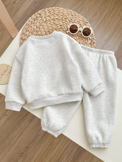 Babygirl Cute Grey Letter Print Long Sleeve Sweatshirt And Pants Set,Autumn Casual Back-To-School Red And White Sportswear Winter Baby Sweat Outfits