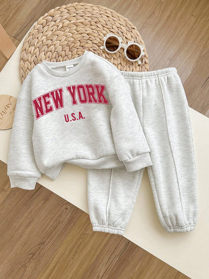 Babygirl Cute Grey Letter Print Long Sleeve Sweatshirt And Pants Set,Autumn Casual Back-To-School Red And White Sportswear Winter Baby Sweat Outfits