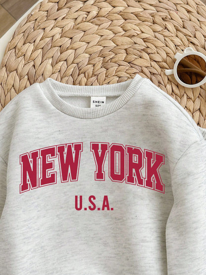 Babygirl Cute Grey Letter Print Long Sleeve Sweatshirt And Pants Set,Autumn Casual Back-To-School Red And White Sportswear Winter Baby Sweat Outfits