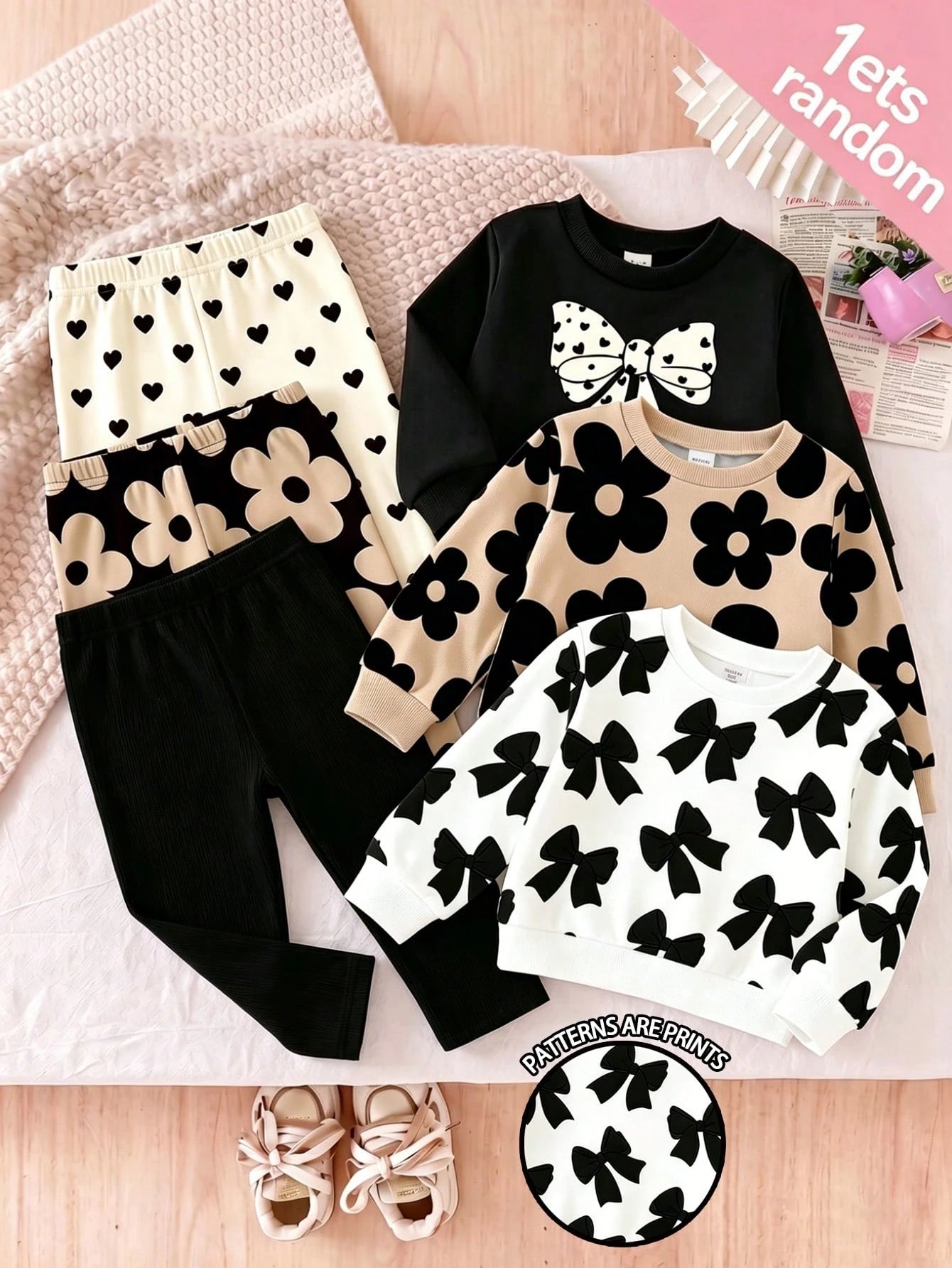 BabyGirl Set Blind Box Sweet Cute Floral Print Bow Pattern Long Sleeve Sweatshirt And Pants Autumn/Winter Daily Casual Minimalist