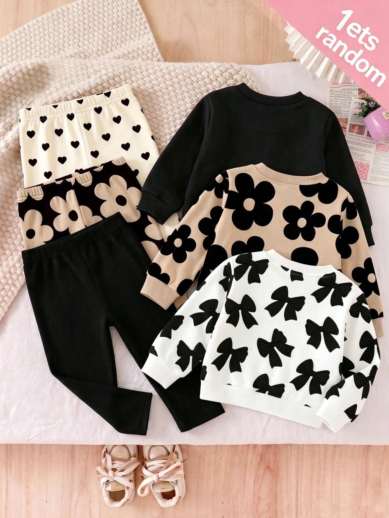 BabyGirl Set Blind Box Sweet Cute Floral Print Bow Pattern Long Sleeve Sweatshirt And Pants Autumn/Winter Daily Casual Minimalist