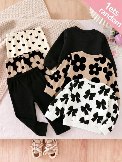 BabyGirl Set Blind Box Sweet Cute Floral Print Bow Pattern Long Sleeve Sweatshirt And Pants Autumn/Winter Daily Casual Minimalist