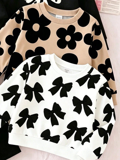 BabyGirl Set Blind Box Sweet Cute Floral Print Bow Pattern Long Sleeve Sweatshirt And Pants Autumn/Winter Daily Casual Minimalist