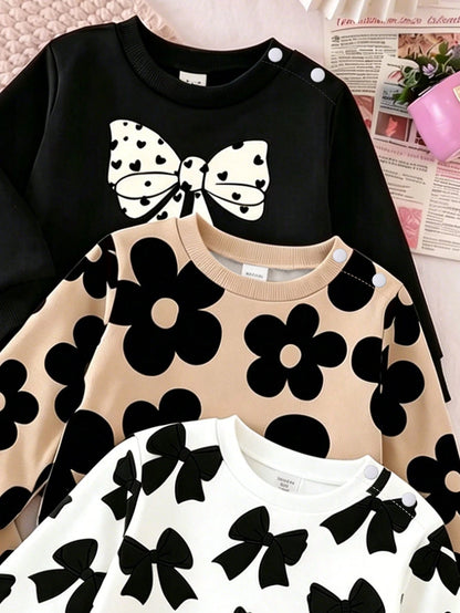 BabyGirl Set Blind Box Sweet Cute Floral Print Bow Pattern Long Sleeve Sweatshirt And Pants Autumn/Winter Daily Casual Minimalist