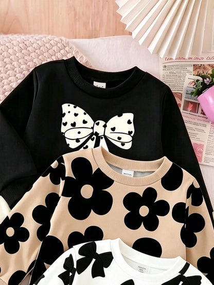 BabyGirl Set Blind Box Sweet Cute Floral Print Bow Pattern Long Sleeve Sweatshirt And Pants Autumn/Winter Daily Casual Minimalist