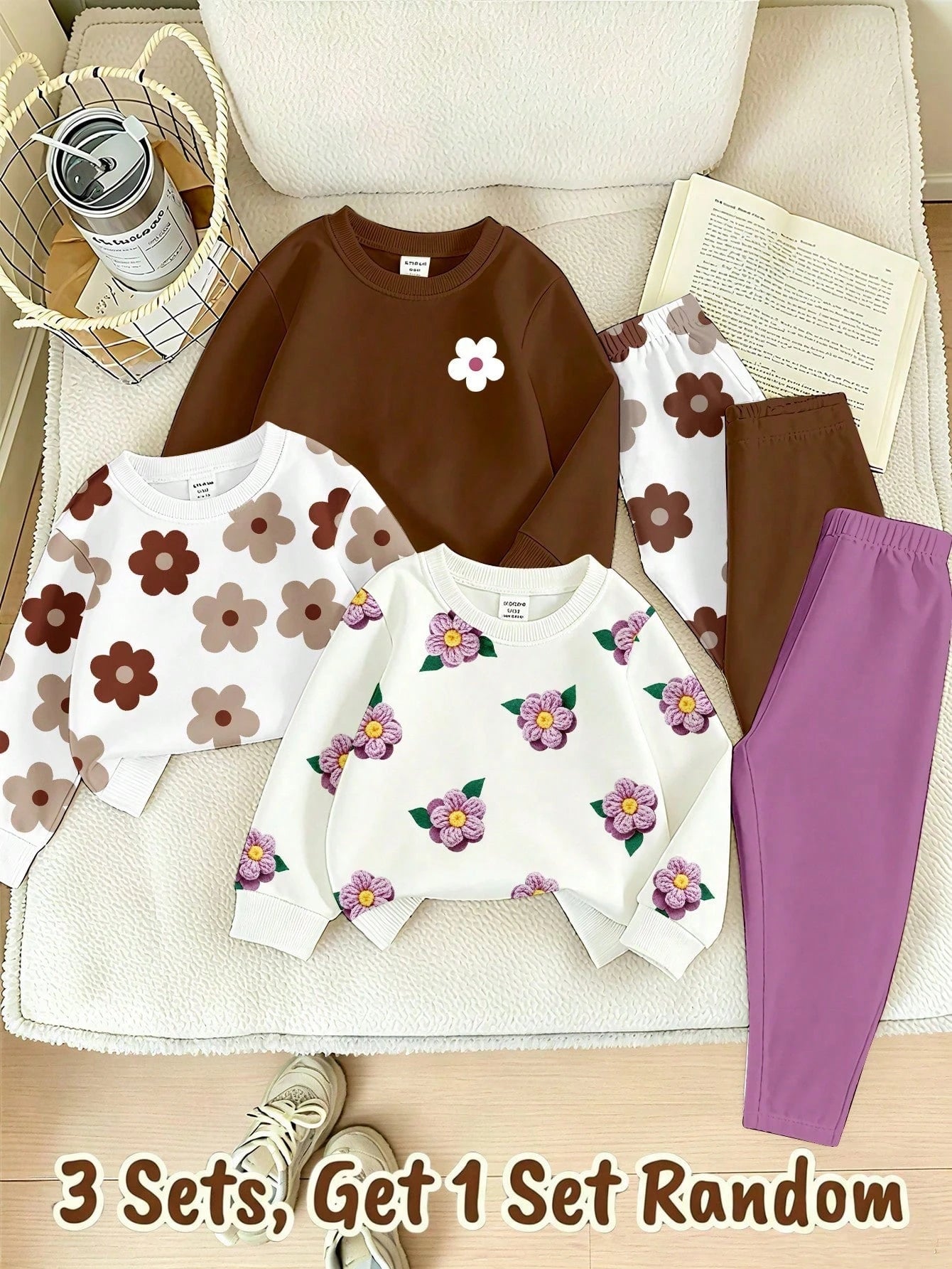 BabyGirl Set Blind Box Sweet Cute Floral Print Bow Pattern Long Sleeve Sweatshirt And Pants Autumn/Winter Daily Casual Minimalist