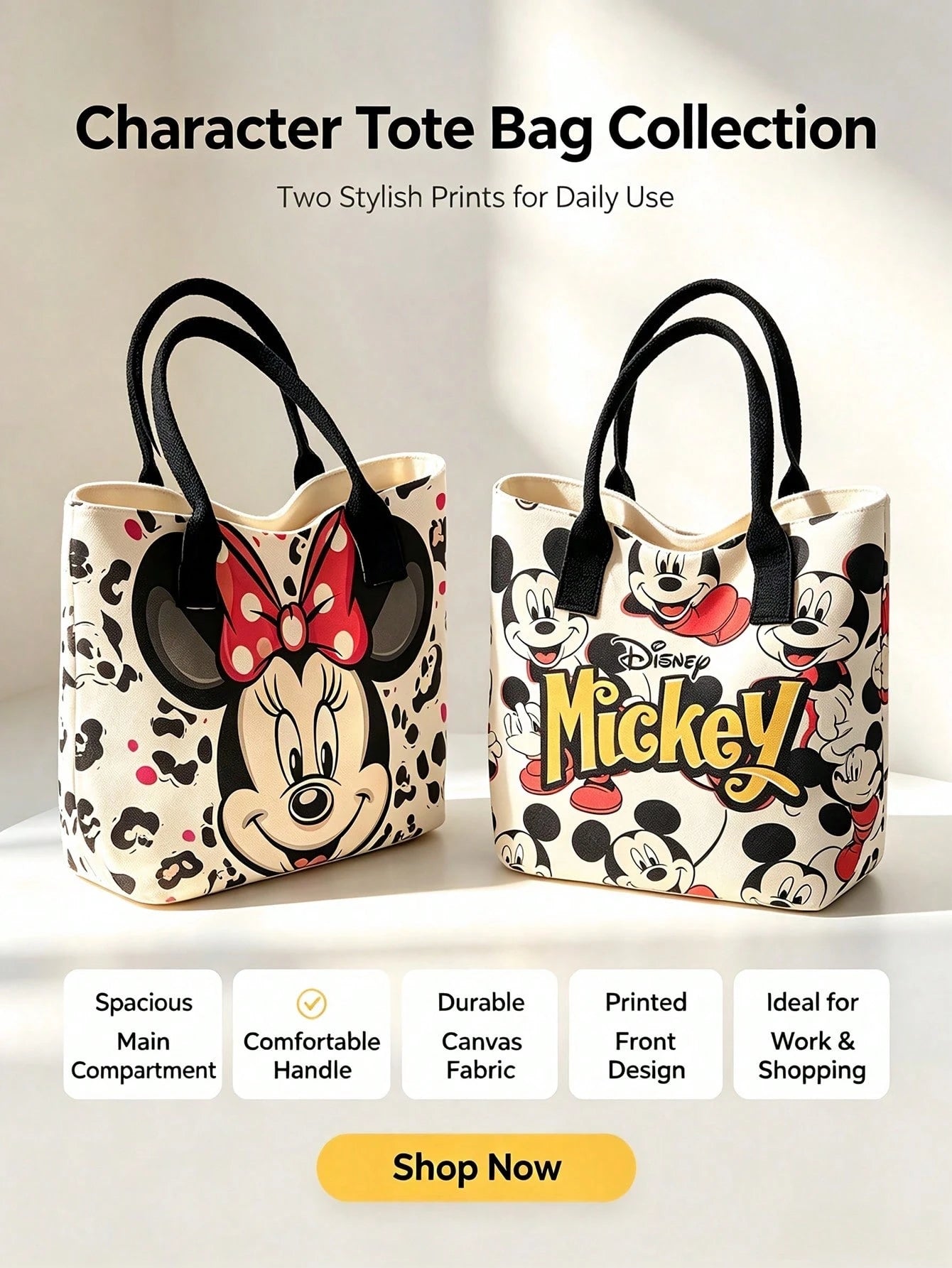 Back To School Disney Park Handbag Stitch Mickey Minnie Full Print Canvas Tote Bag, Large Capacity Cute Star Pattern Pink Ribbon Shoulder Bag, Women Girls Daily Commute Shopping Casual Handbag Party G