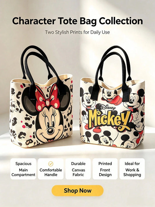 Back To School Disney Park Handbag Stitch Mickey Minnie Full Print Canvas Tote Bag, Large Capacity Cute Star Pattern Pink Ribbon Shoulder Bag, Women Girls Daily Commute Shopping Casual Handbag Party G