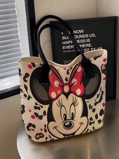 Back To School Disney Park Handbag Stitch Mickey Minnie Full Print Canvas Tote Bag, Large Capacity Cute Star Pattern Pink Ribbon Shoulder Bag, Women Girls Daily Commute Shopping Casual Handbag Party G