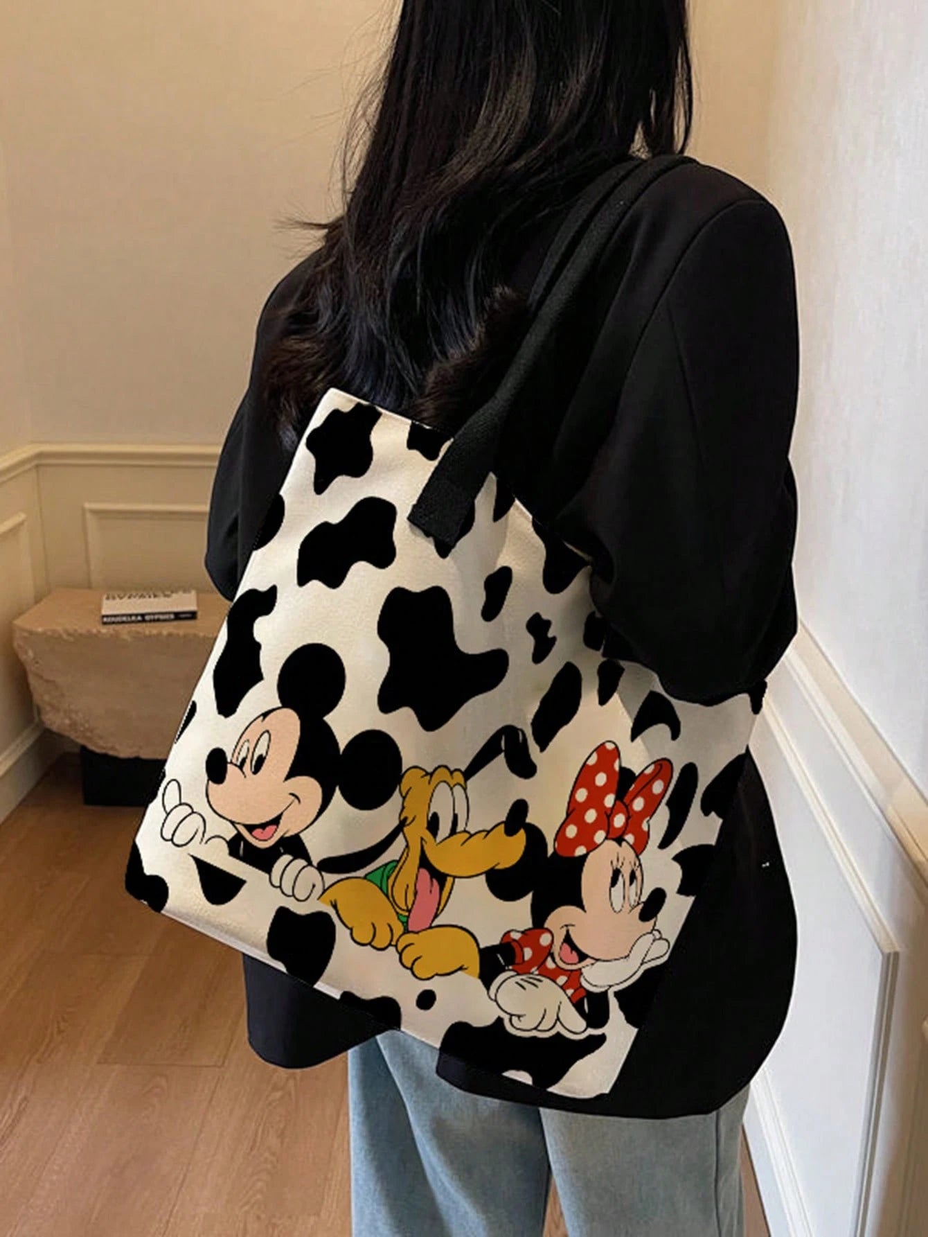 Back To School Disney Park Handbag Stitch Mickey Minnie Full Print Canvas Tote Bag, Large Capacity Cute Star Pattern Pink Ribbon Shoulder Bag, Women Girls Daily Commute Shopping Casual Handbag Party G