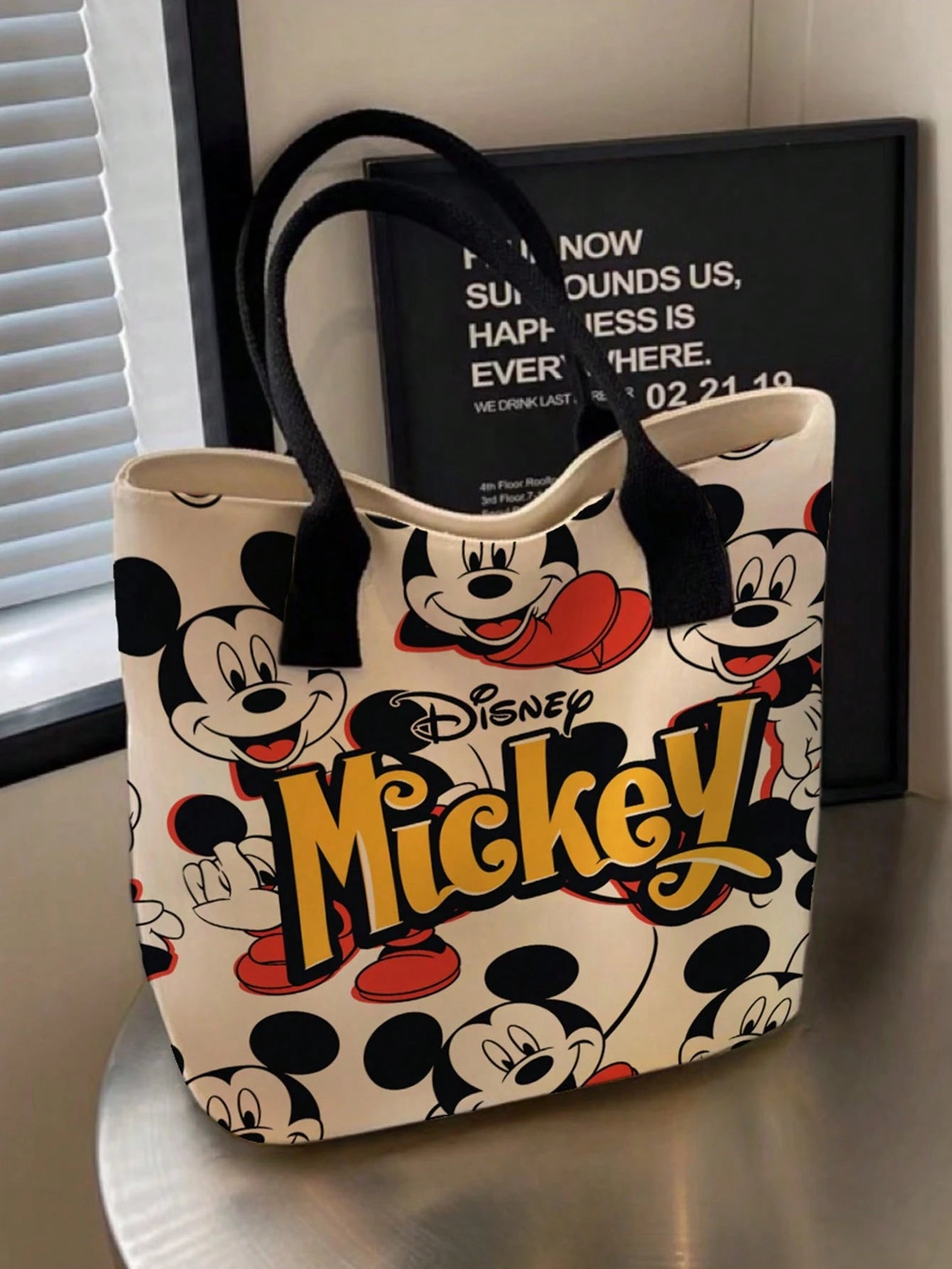 Back To School Disney Park Handbag Stitch Mickey Minnie Full Print Canvas Tote Bag, Large Capacity Cute Star Pattern Pink Ribbon Shoulder Bag, Women Girls Daily Commute Shopping Casual Handbag Party G