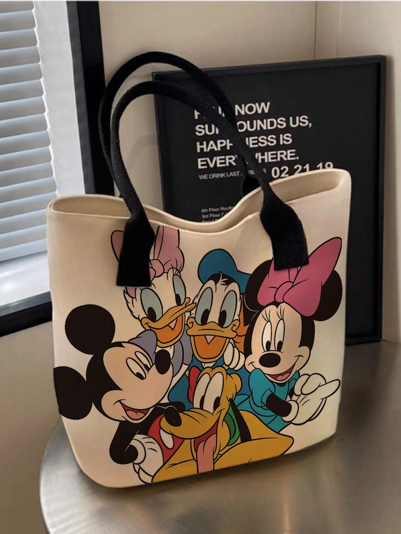 Back To School Disney Park Handbag Stitch Mickey Minnie Full Print Canvas Tote Bag, Large Capacity Cute Star Pattern Pink Ribbon Shoulder Bag, Women Girls Daily Commute Shopping Casual Handbag Party G