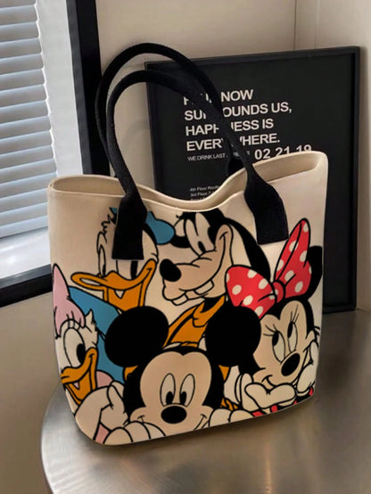 Back To School Disney Park Handbag Stitch Mickey Minnie Full Print Canvas Tote Bag, Large Capacity Cute Star Pattern Pink Ribbon Shoulder Bag, Women Girls Daily Commute Shopping Casual Handbag Party G