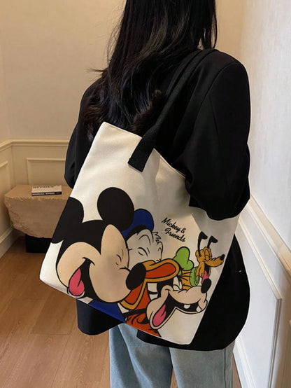 Back To School Disney Park Handbag Stitch Mickey Minnie Full Print Canvas Tote Bag, Large Capacity Cute Star Pattern Pink Ribbon Shoulder Bag, Women Girls Daily Commute Shopping Casual Handbag Party G