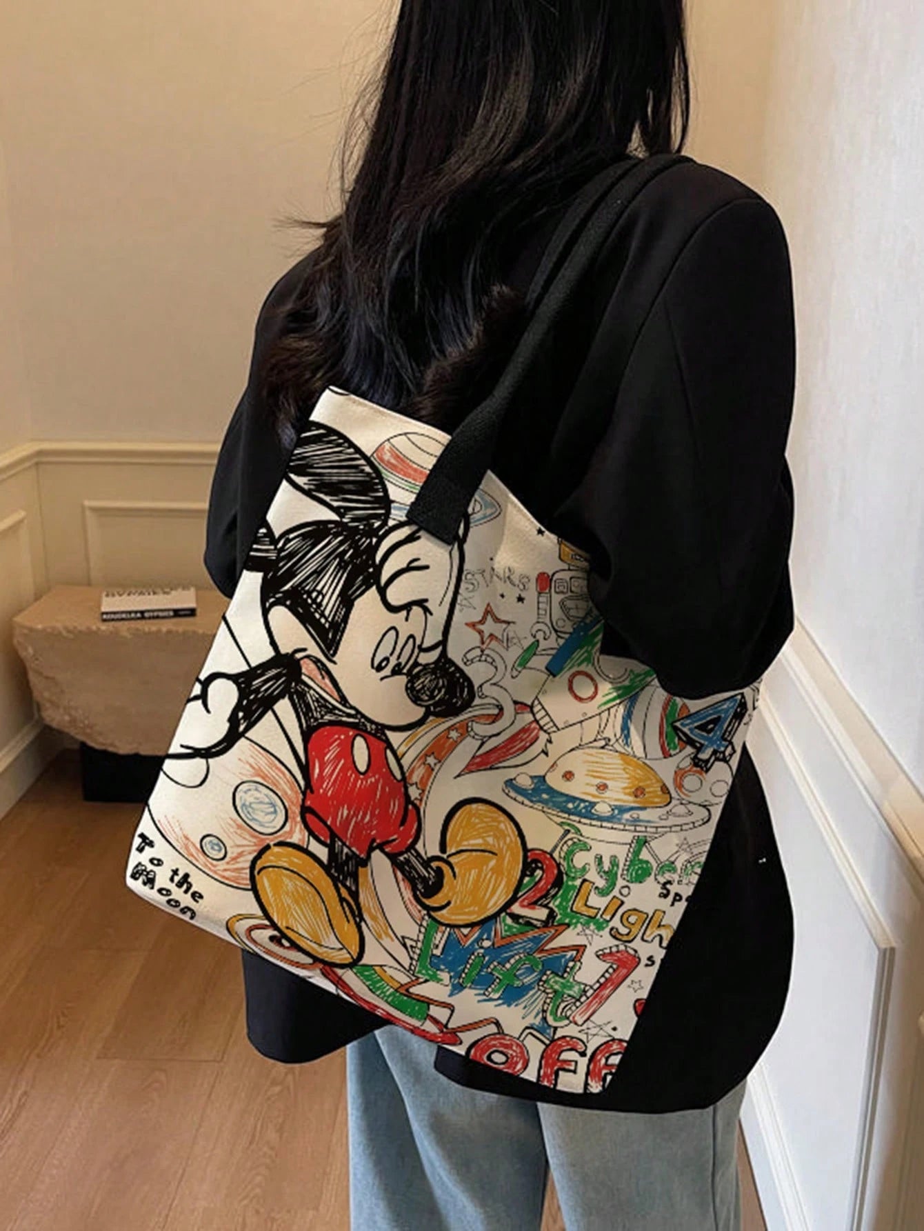 Back To School Disney Park Handbag Stitch Mickey Minnie Full Print Canvas Tote Bag, Large Capacity Cute Star Pattern Pink Ribbon Shoulder Bag, Women Girls Daily Commute Shopping Casual Handbag Party G