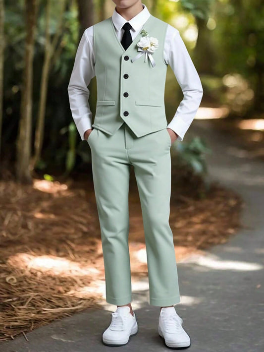 Back To School Tween Boys 2-Piece Korean Slim Fit Vest Set Asymmetrical Straight Casual Pants For Wedding Banquet Piano Recital Emcee