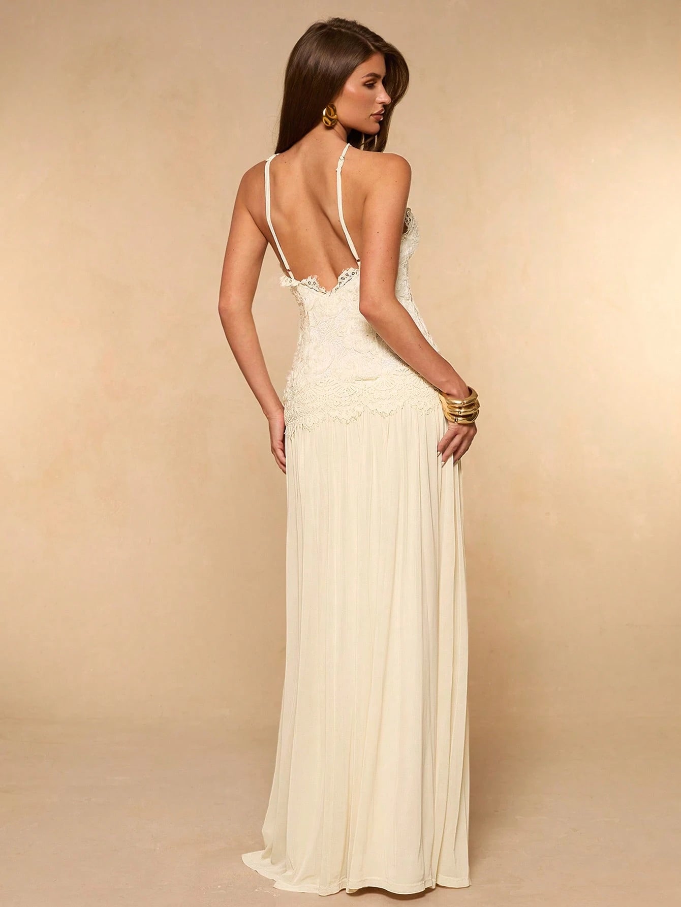 BAE Apricot Solid Color Halter Backless Textured Jacquard Knit Dress, Elegant For Vacation, Beach, Bridesmaid, Wedding Guest