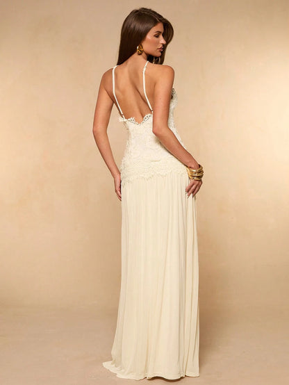 BAE Apricot Solid Color Halter Backless Textured Jacquard Knit Dress, Elegant For Vacation, Beach, Bridesmaid, Wedding Guest