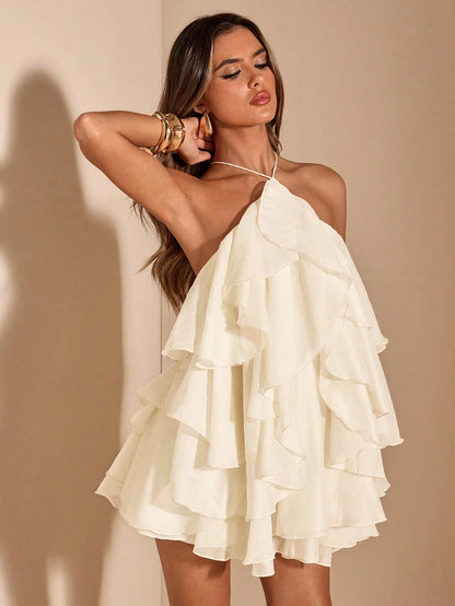 BAE Cream White,Summer,Elegant,Holiday,Vacation,Holiday 3D Floral Decor Ruffle Hem Backless Mini Dress,Wedding Guest Summer Cocktail Party Birthday Gown