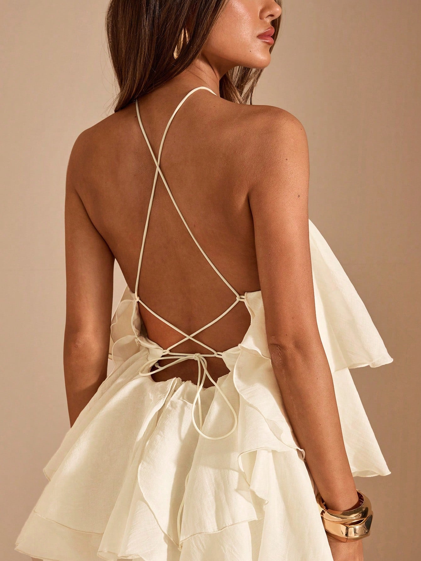BAE Cream White,Summer,Elegant,Holiday,Vacation,Holiday 3D Floral Decor Ruffle Hem Backless Mini Dress,Wedding Guest Summer Cocktail Party Birthday Gown