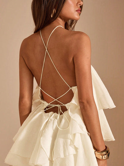 BAE Cream White,Summer,Elegant,Holiday,Vacation,Holiday 3D Floral Decor Ruffle Hem Backless Mini Dress,Wedding Guest Summer Cocktail Party Birthday Gown
