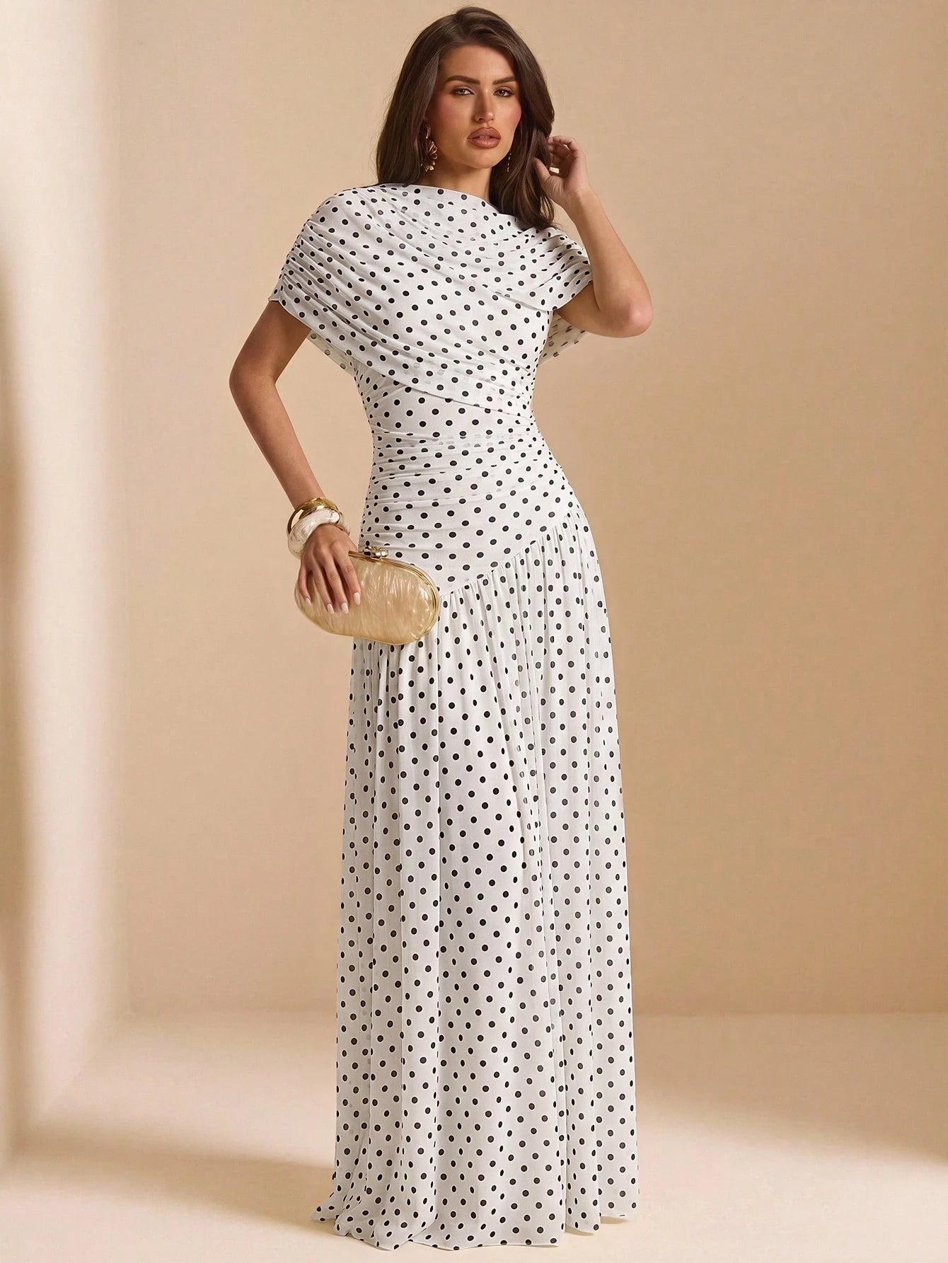 BAE Spring/Summer White And Black Polka Dot Base Print Round Neck Short Sleeve Fitted Ruched Full Skirt Elegant Dress Wedding Bachelorette Party Guest