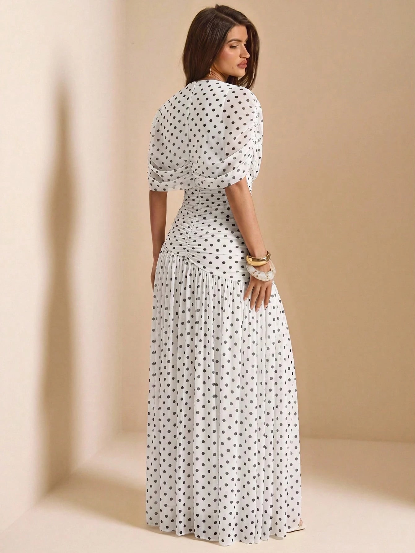 BAE Spring/Summer White And Black Polka Dot Base Print Round Neck Short Sleeve Fitted Ruched Full Skirt Elegant Dress Wedding Bachelorette Party Guest