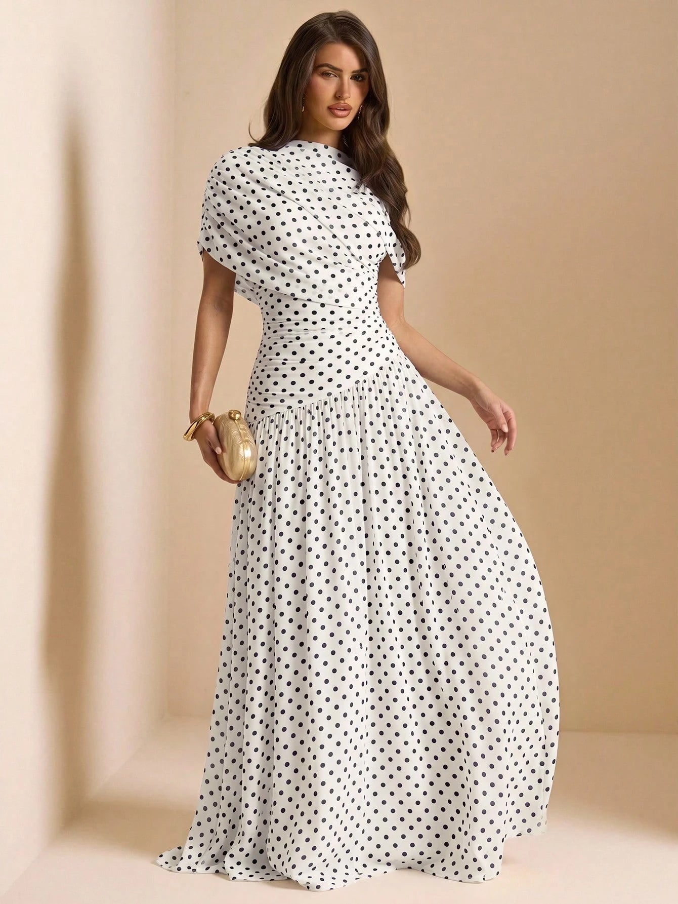 BAE Spring/Summer White And Black Polka Dot Base Print Round Neck Short Sleeve Fitted Ruched Full Skirt Elegant Dress Wedding Bachelorette Party Guest