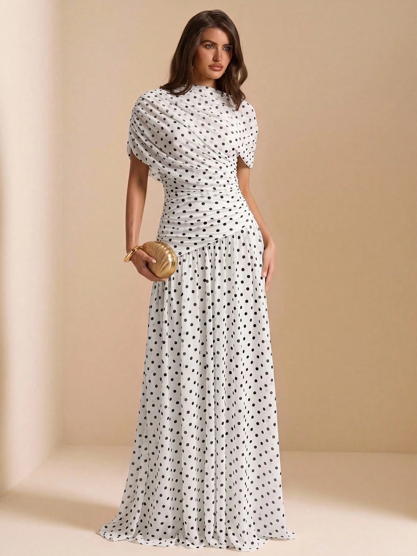 BAE Spring/Summer White And Black Polka Dot Base Print Round Neck Short Sleeve Fitted Ruched Full Skirt Elegant Dress Wedding Bachelorette Party Guest