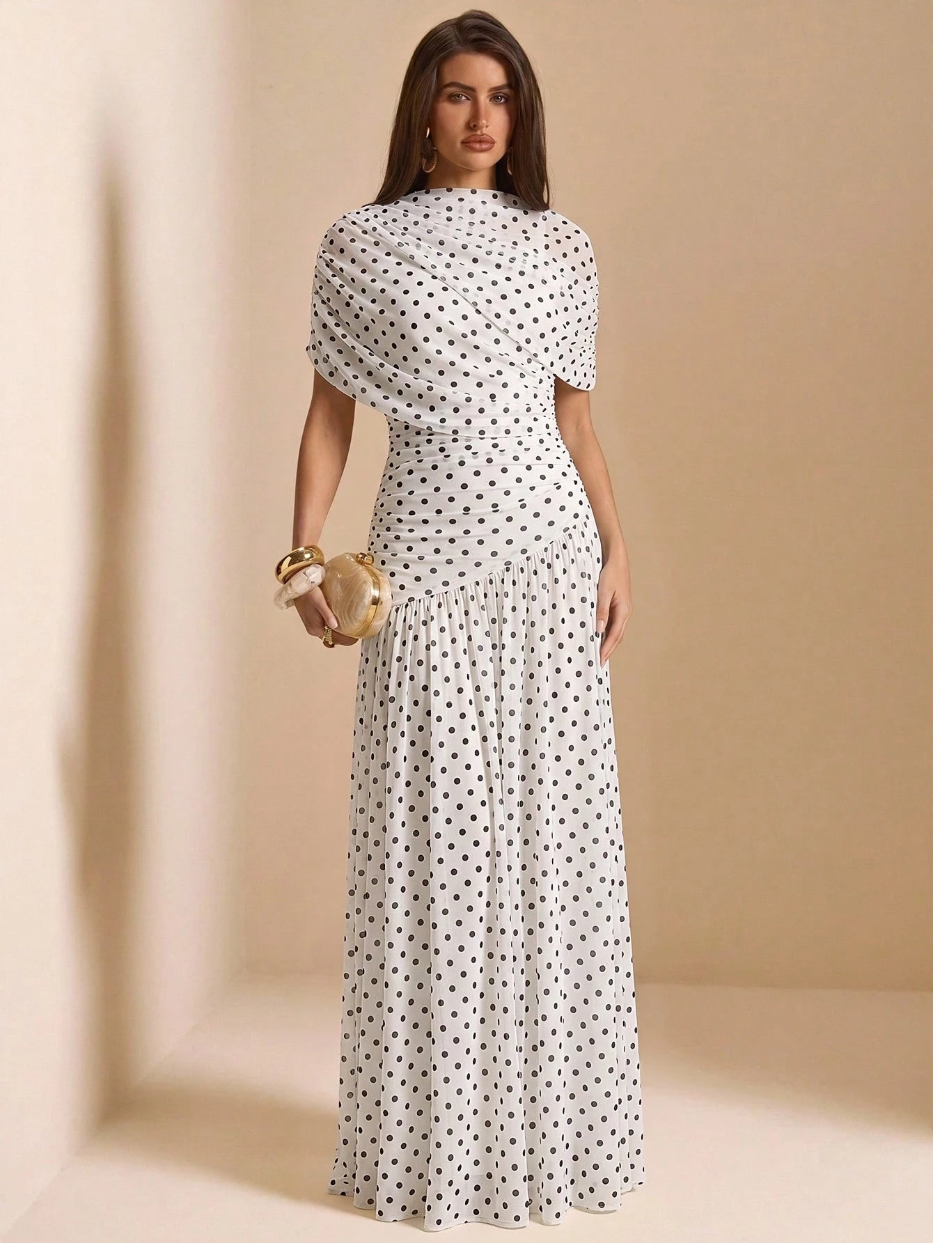 BAE Spring/Summer White And Black Polka Dot Base Print Round Neck Short Sleeve Fitted Ruched Full Skirt Elegant Dress Wedding Bachelorette Party Guest