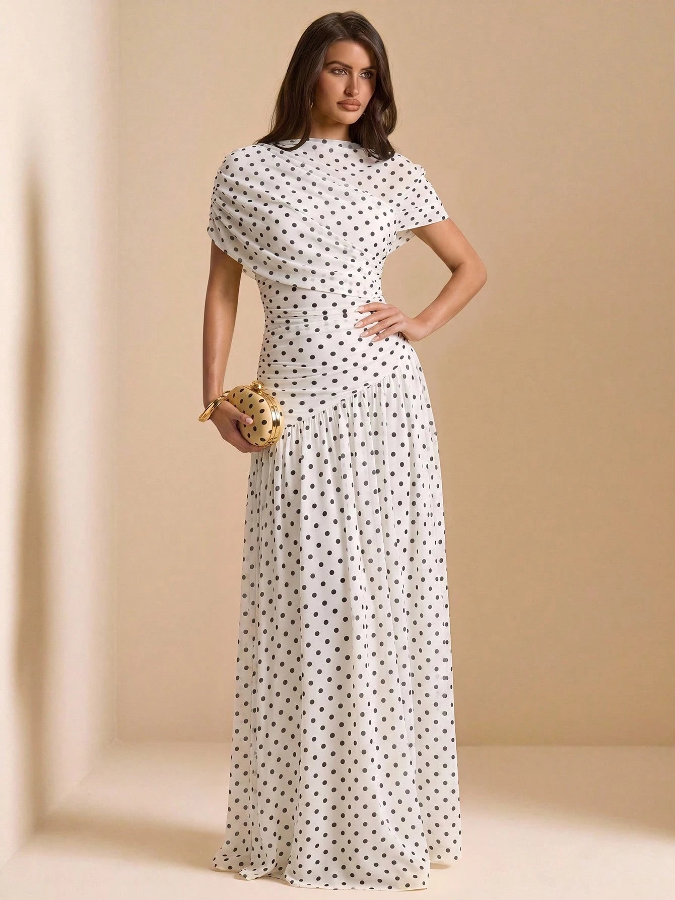 BAE Spring/Summer White And Black Polka Dot Base Print Round Neck Short Sleeve Fitted Ruched Full Skirt Elegant Dress Wedding Bachelorette Party Guest