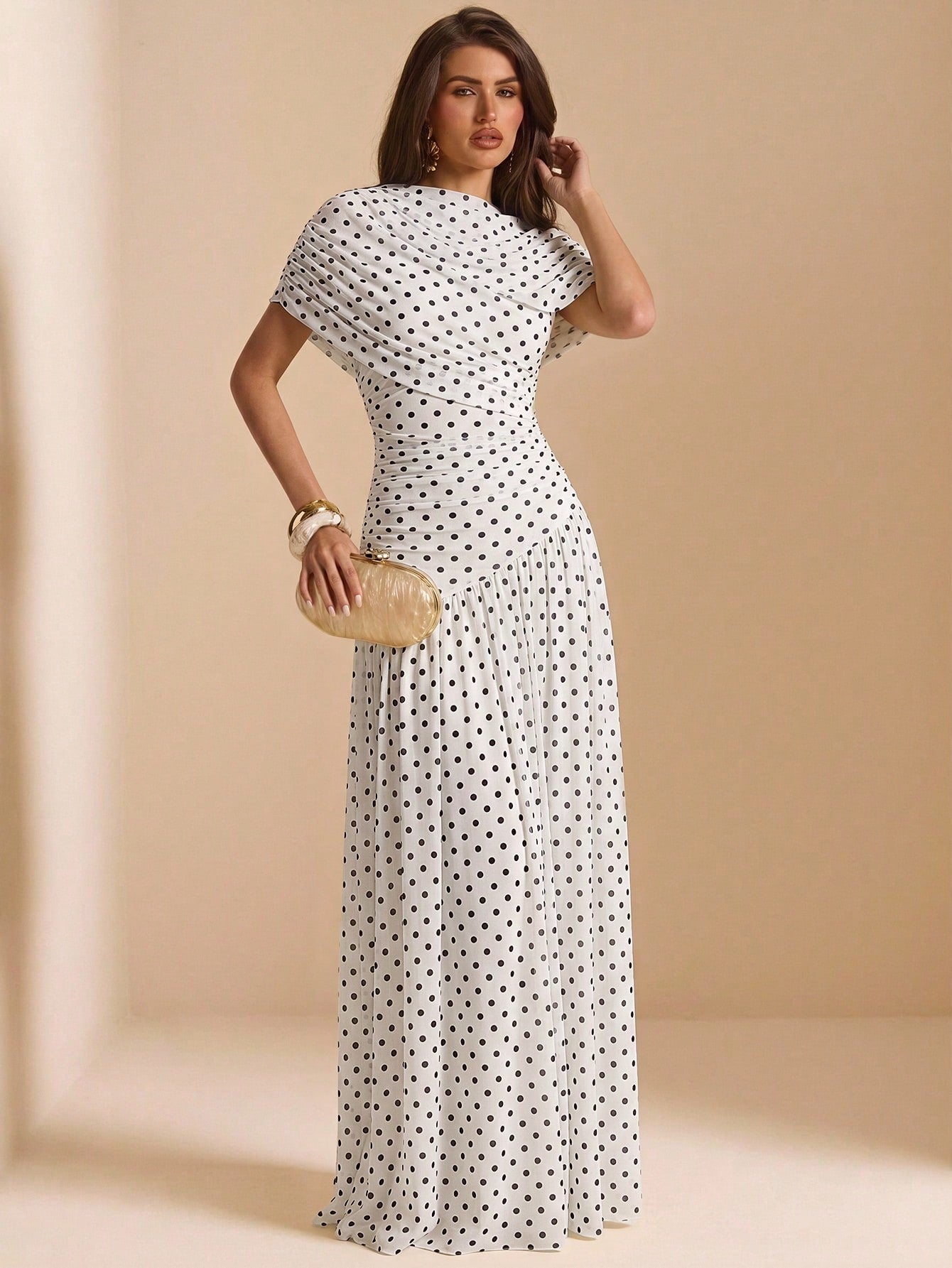 BAE Spring/Summer White And Black Polka Dot Base Print Round Neck Short Sleeve Fitted Ruched Full Skirt Elegant Dress Wedding Bachelorette Party Guest