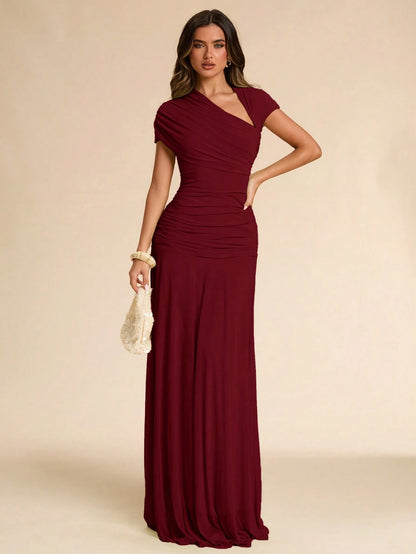 BAE Summer Green Asymmetrical Pleated Fitted Dress, Wedding Guest Formal Attire