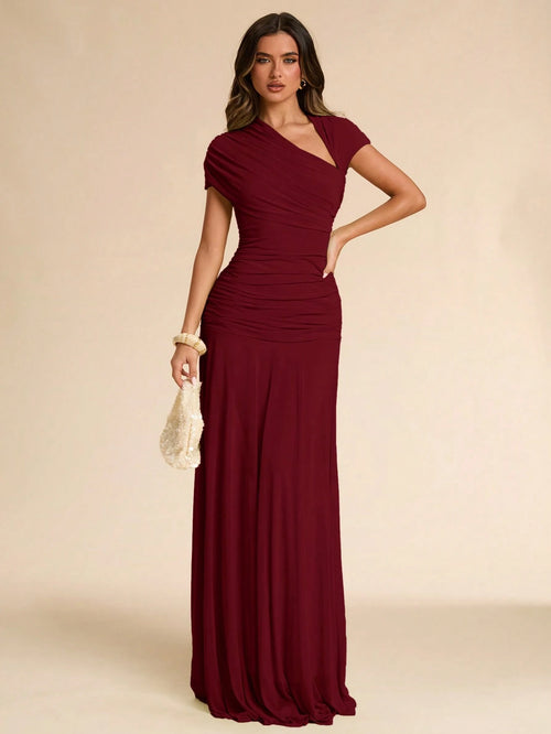 BAE Summer Green Asymmetrical Pleated Fitted Dress, Wedding Guest Formal Attire