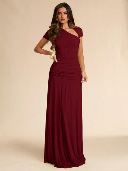 BAE Summer Green Asymmetrical Pleated Fitted Dress, Wedding Guest Formal Attire