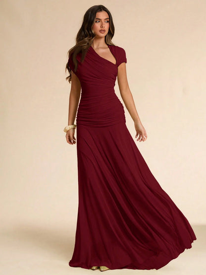 BAE Summer Green Asymmetrical Pleated Fitted Dress, Wedding Guest Formal Attire