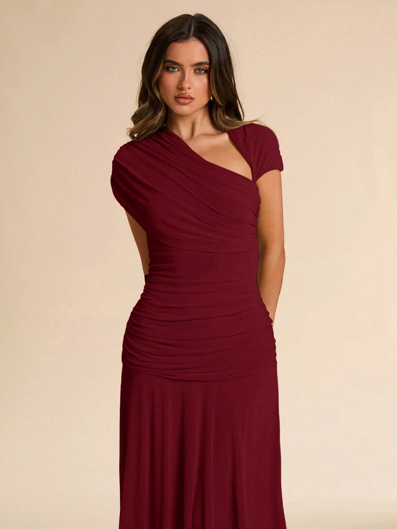 BAE Summer Green Asymmetrical Pleated Fitted Dress, Wedding Guest Formal Attire