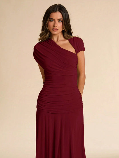 BAE Summer Green Asymmetrical Pleated Fitted Dress, Wedding Guest Formal Attire